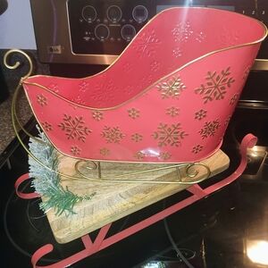 Festive Red and Gold Holiday Tin Sleigh Decoration